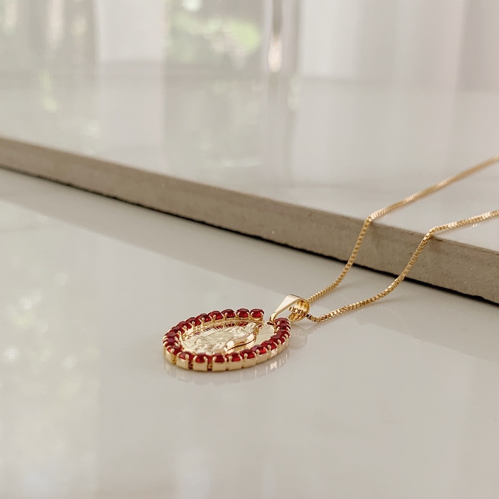 Virgin Mary Ruby Necklace | 18k Gold Filled - Picture 3 of 8